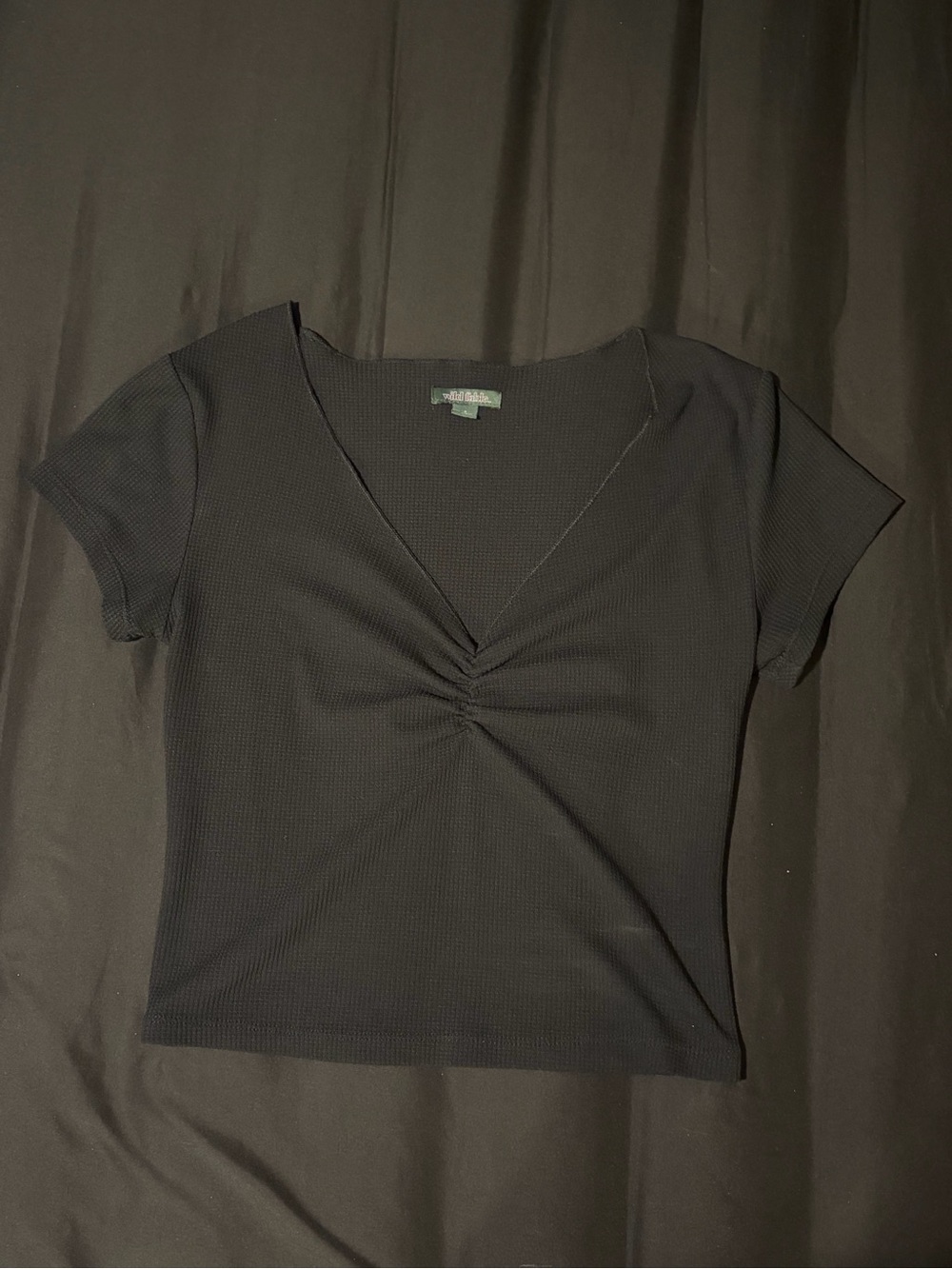Black V-Neck Ruched Front Short Sleeve Top
